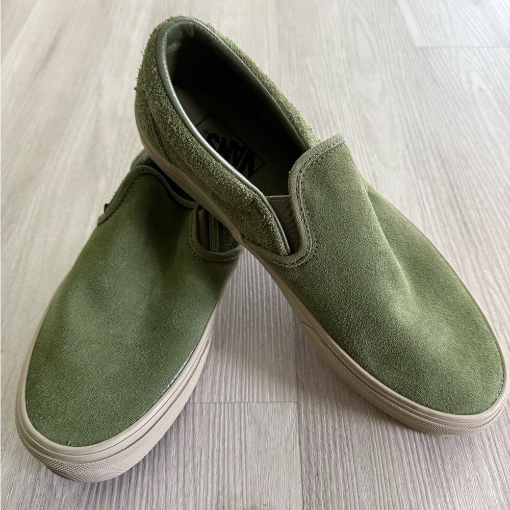 Vans Olive Green Suede Slip-On Sneakers with Cream Sole